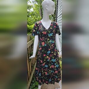 Erika Black Floral V-Neck Midi Dress with Pink, Blue & Green Accents